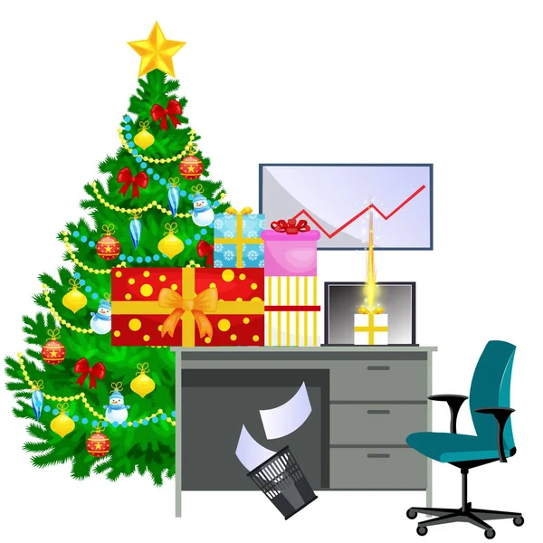 Image de bande dessinée de bureau et arbre de Noël — Image vectorielle