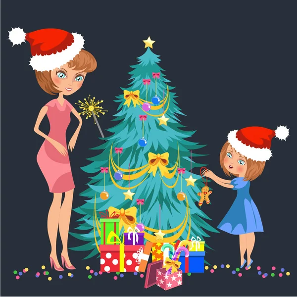 Cartone animato madre e bambino decorazione albero di Natale a casa — Vettoriale Stock