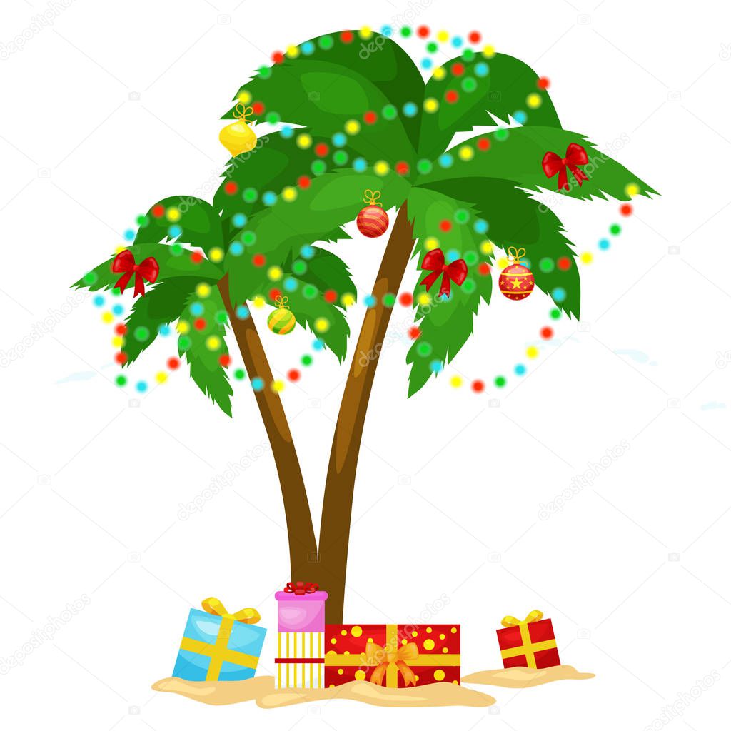 Cartoon green palm tree surrounded with christmas presents