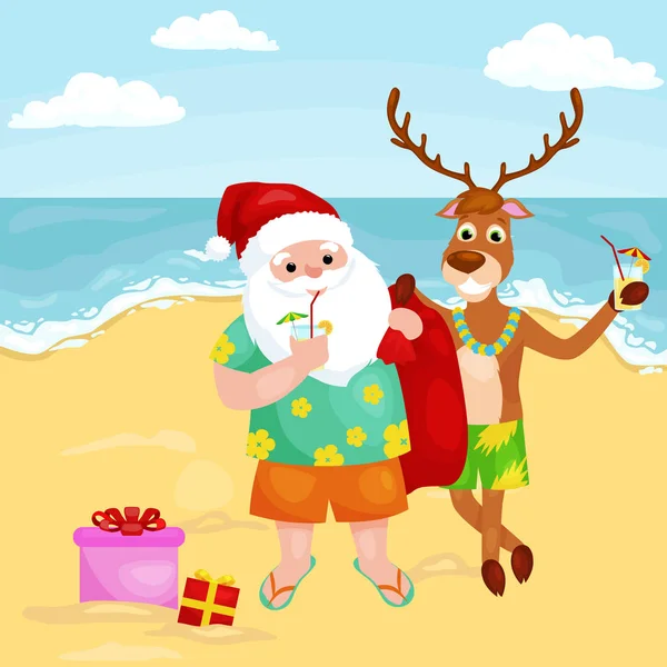 Karikatür Ren geyiği ve santa claus şapka şenlikli kokteyller ile içinde