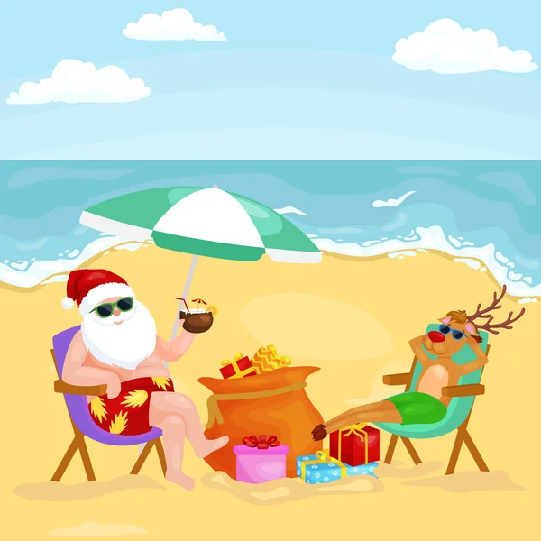Γελοιογραφία φίλους πίνοντας κοκτέιλ στην παραλία το καλοκαίρι — Διανυσματικό Αρχείο