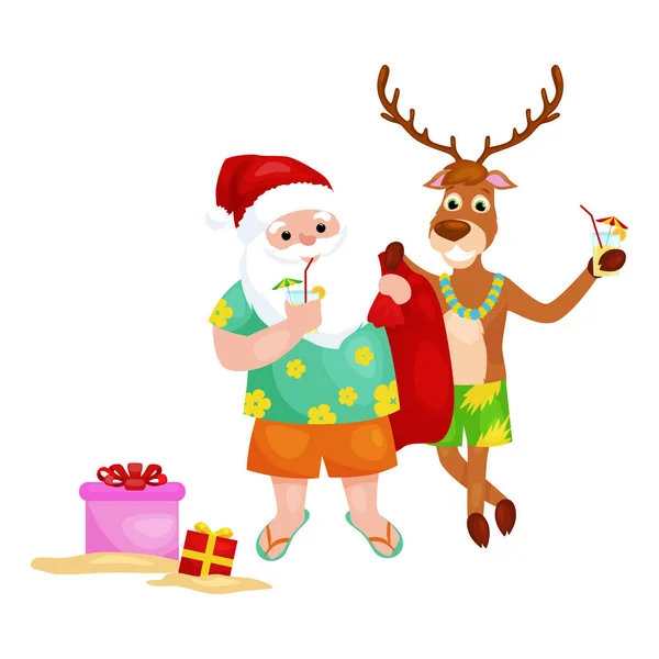 Ciervos felices y Papá Noel preparándose para la fiesta de Navidad — Vector de stock