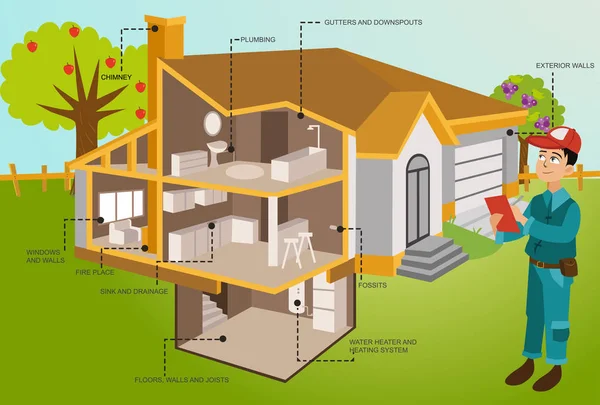 Hombre inspecciones casa moderna en corte con jardín — Vector de stock