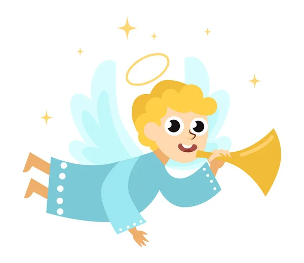 Christmas angel with halo wings and trumpet — Stock Vector