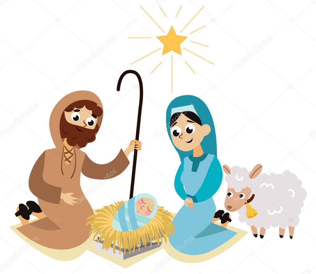 Christmas nativity scene in holy family flat poster