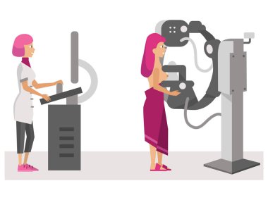 Doktor kadın hastanın meme mamogram posteri ile kontrol