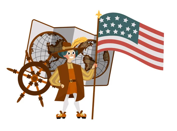 Columbus Day αφίσα με Columb κρατώντας σημαία — Διανυσματικό Αρχείο
