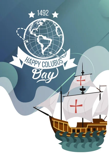 Glad Columbus Day affisch med segling ship gratulationskort bokstäver text Logotypdesign — Stock vektor