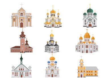 Cartoon set of churches with different denominations clipart