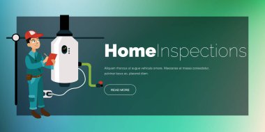 Kontrol listesi ile Müfettiş inceliyor Isıtma sistemi poster. Üniformalı erkeklere dikkatle karikatür denetimler su ısıtıcı ev vektör çizim içinde. İş kart kavramı