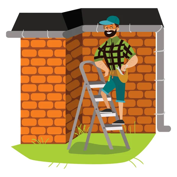 Ο άνθρωπος με τα εργαλεία εξετάζει αφίσα στέγη σπιτιού — Διανυσματικό Αρχείο