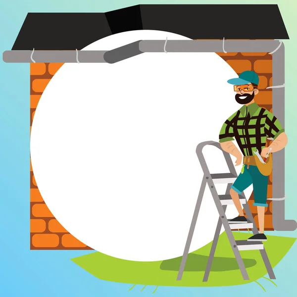 Man met hulpmiddelen onderzoekt huis dak poster. Cartoon man in glazen staande op een ladder met speciale instrumenten — Stockvector