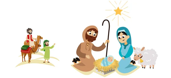 Crăciun Nașterea Domnului Bethlehem poveste pătuț scenă personaje de desene animate — Vector de stoc