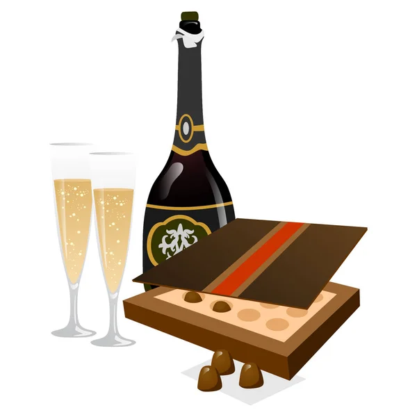 Tasty champagne with glasses and box of chocolates — Stock Vector