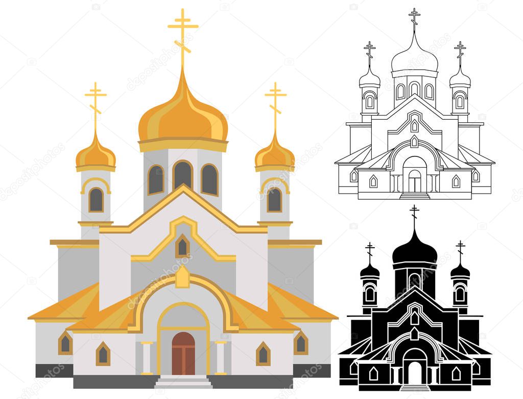 Cartoon image of christian church with gold design line and shape art