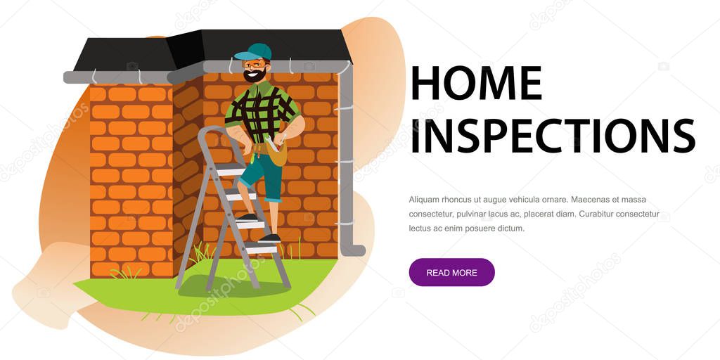 Man with tools examines house roof poster. Cartoon male in glasses standing on ladder with special instruments