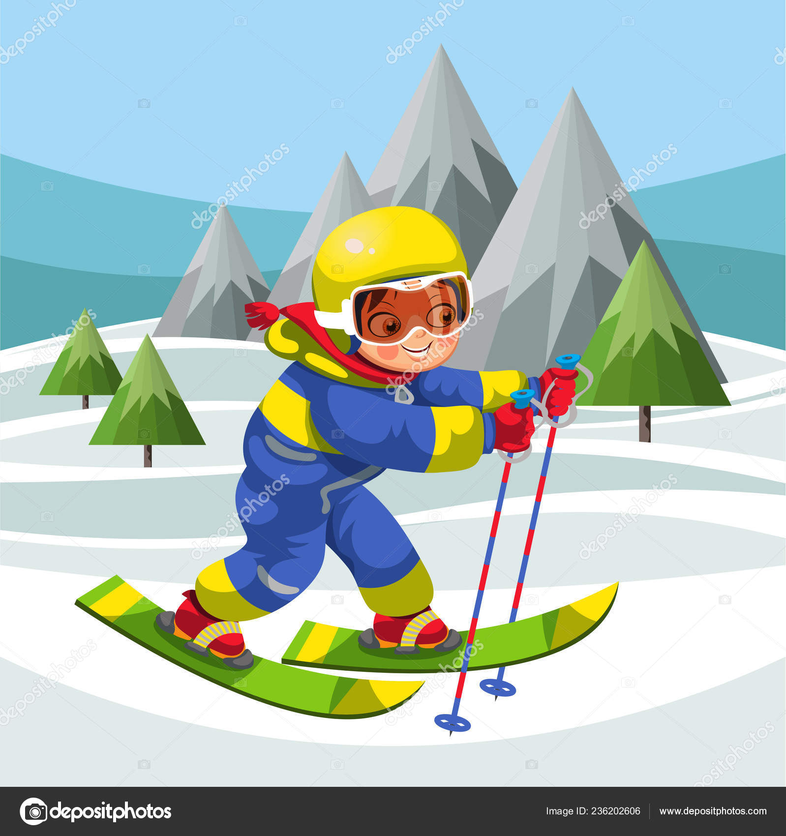 Cartoon little boy skiing on snowy hills Stock Vector by ©AnutaBerg  236202606