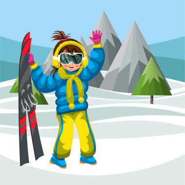 Merhaba sallayarak kayaklar çizgi film genç kadınla