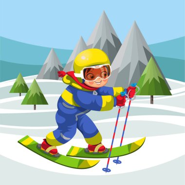 Karlı tepeleri üzerinde kayak küçük çocuk çizgi film