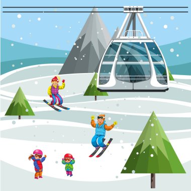 Çizgi film insanlar teleferik ile karlı yamaçlarda Kayak