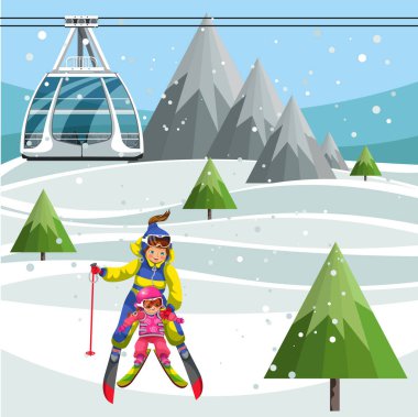 Çizgi film Anne küçük kızı kayak yapmayı öğretim