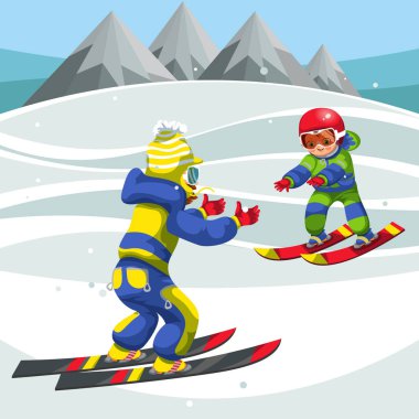 Karlı kış parkta Kayak karikatür mutlu çocuk