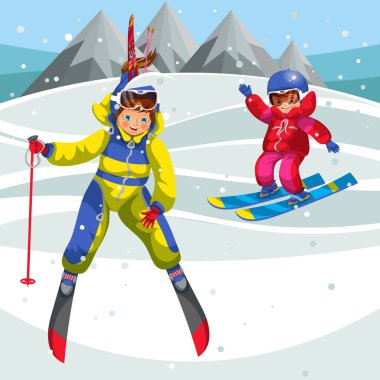 Tepede soğuk kış gününde Kayak çizgi film arkadaşlar