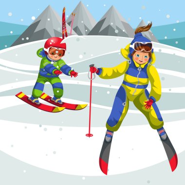 Çocuk yinelenen eylemler eğitmen sonra kayak yapmayı karikatür.