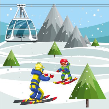 Çizgi film kayakçı teleferik istasyonu dağın tepesinde
