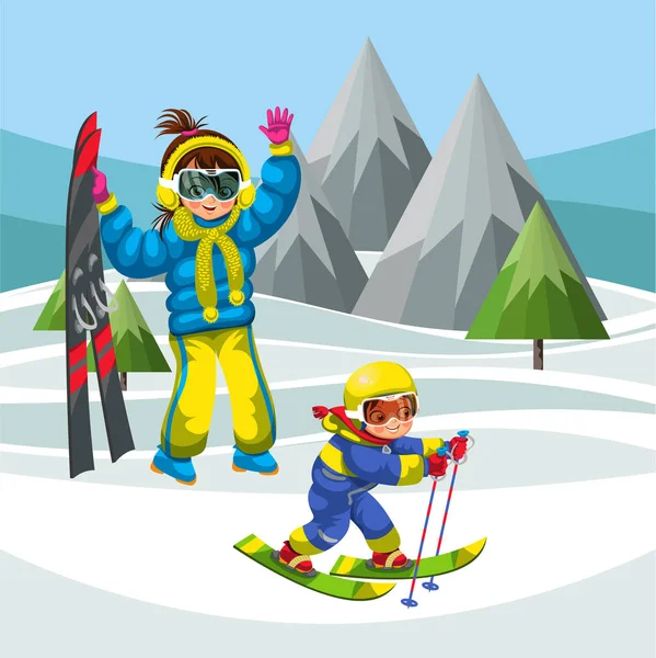 Mother teaching little son how to ski — Stock Vector