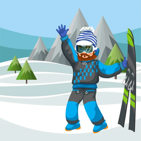穿着滑雪服的卡通滑雪者用手挥手致意 — 图库矢量图片