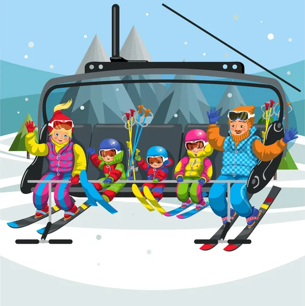 Happy cartoon family riding in ski lift — Stock Vector