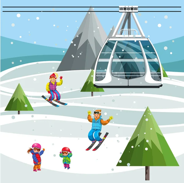 Çizgi film insanlar teleferik ile karlı yamaçlarda Kayak