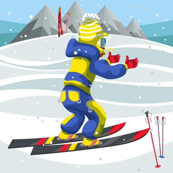 动画片男孩在西装学习滑雪在假日 — 图库矢量图片