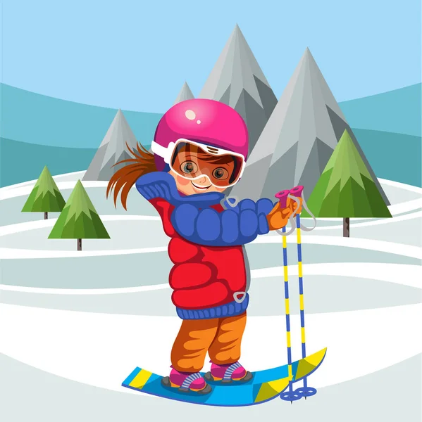 Çizgi film kız elbiseli tepede tatilde Kayak