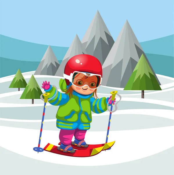 Dibujos animados niño esquiando en las colinas nevadas — Vector de stock