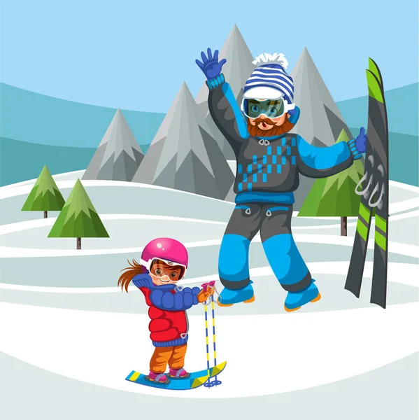 Отец учит маленького сына кататься на лыжах — стоковый вектор