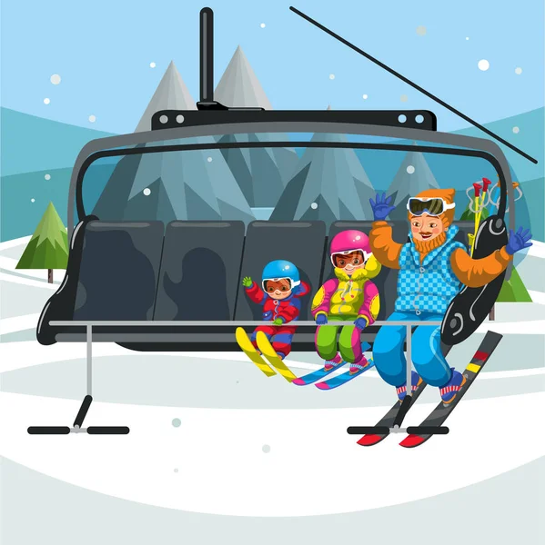 Happy cartoon family riding in ski lift — Stock Vector