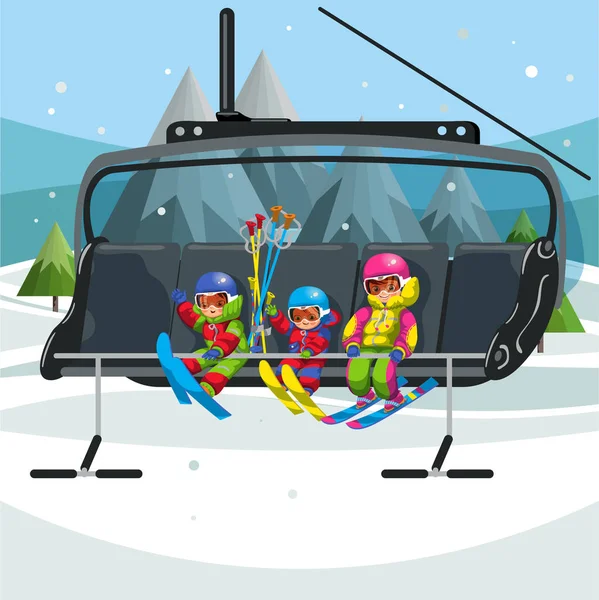 Boldog rajzfilm gyerekeknek lovas ski lift — Stock Vector