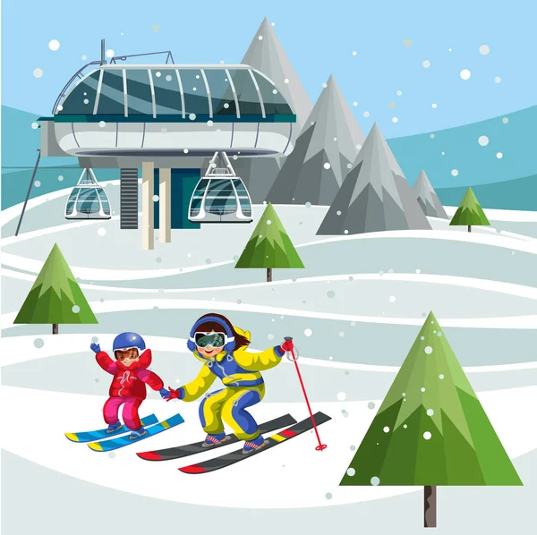 Cartoon skiers on ski lift station on the top of the mountain — Stock Vector