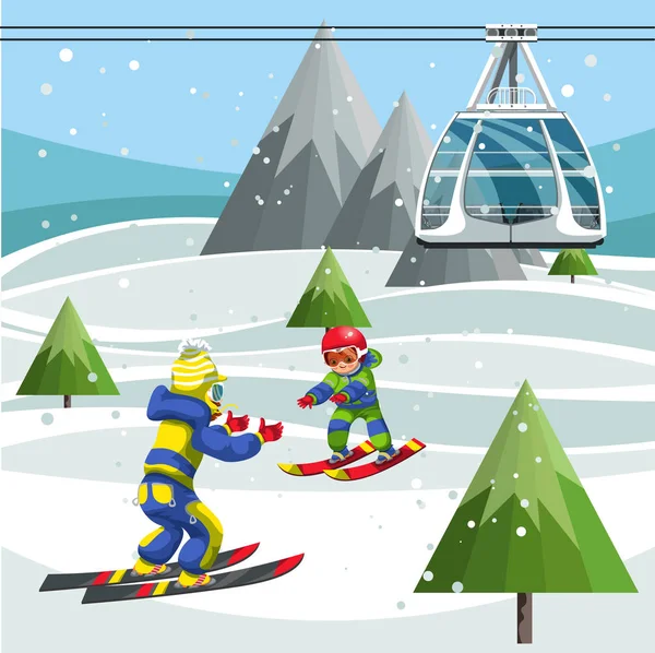 Esquiadores de desenhos animados na estação de teleférico no topo da montanha —  Vetores de Stock