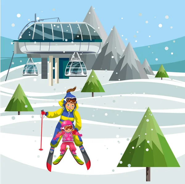 Çizgi film Anne ve küçük çocuklar birlikte Kayak