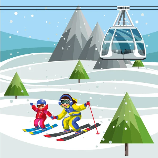 Desenhos animados pais e crianças pequenas esquiando juntos —  Vetores de Stock