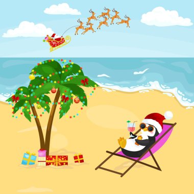 Okyanusu yakınlarındaki içkiyle hamakta dinlenme karikatür penguen