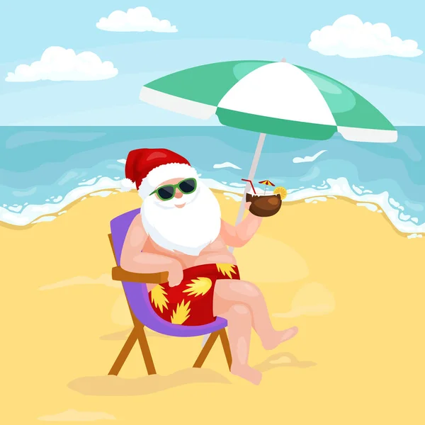 해변에 앉아 수영복에 산타 클로스의 만화 이미지 — 스톡 벡터
