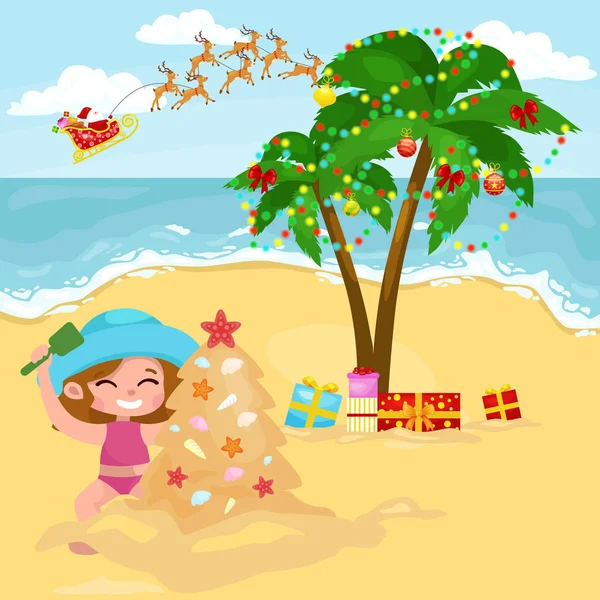 Dessin animé fille heureuse jouant dans le sable et la construction sapin de Noël — Image vectorielle