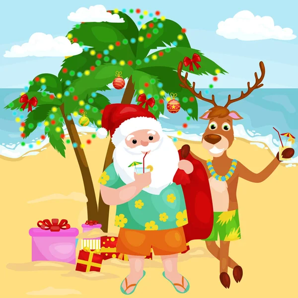 Alegre desenhos animados amigos de Natal juntos na praia ensolarada — Vetor de Stock