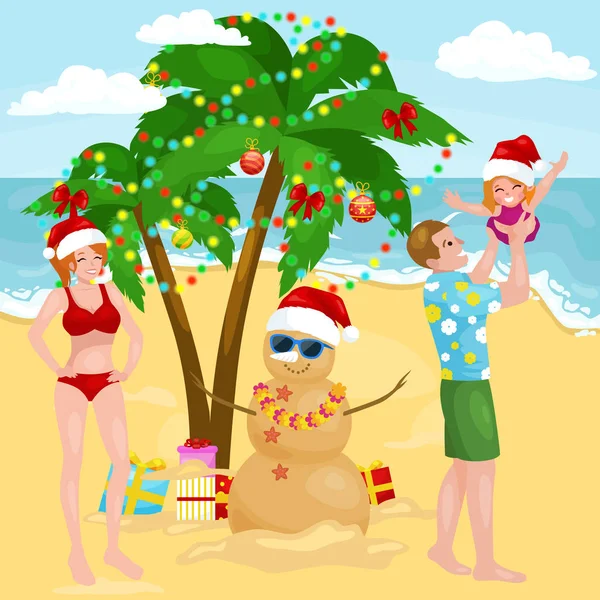 Cartoon happy family on vacation in hot country in new year vacation