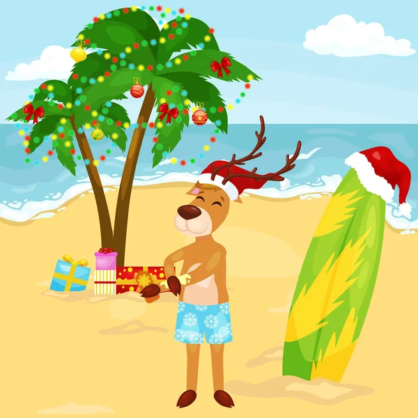 Rajzfilm xmas rénszarvas, védi a bőrt a nap, a sunny beach — Stock Vector