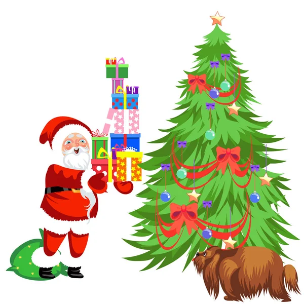 Cartoon santa claus zetten cadeautjes onder de kerstboom — Stockvector